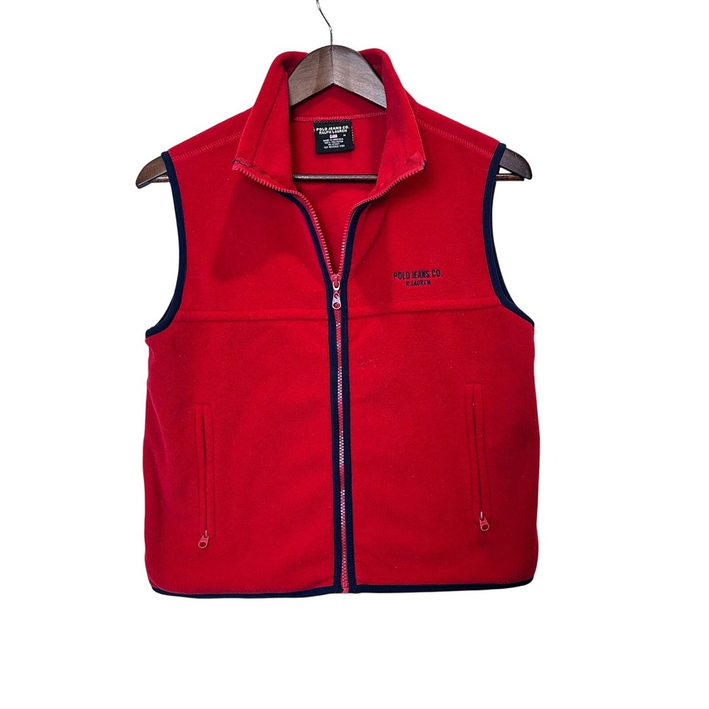 Polo Jeans Co Ralph Lauren Fleece Vest Med Red Navy Trim Full Zip Gorpcore Retro